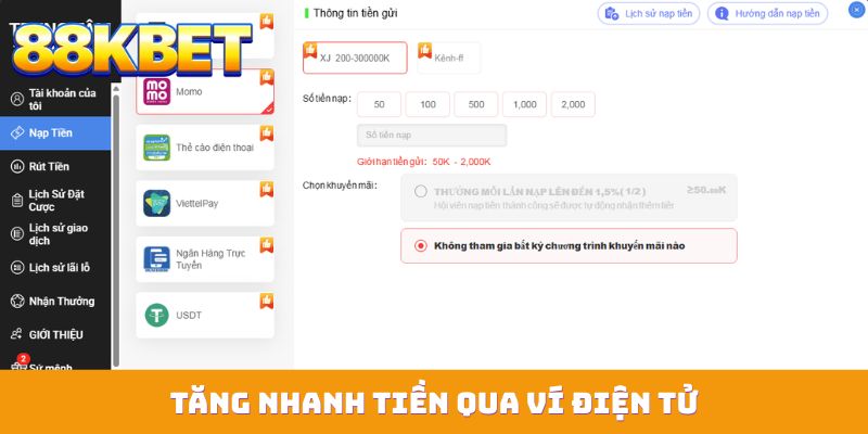 Tăng nhanh tiền qua ví điện tử